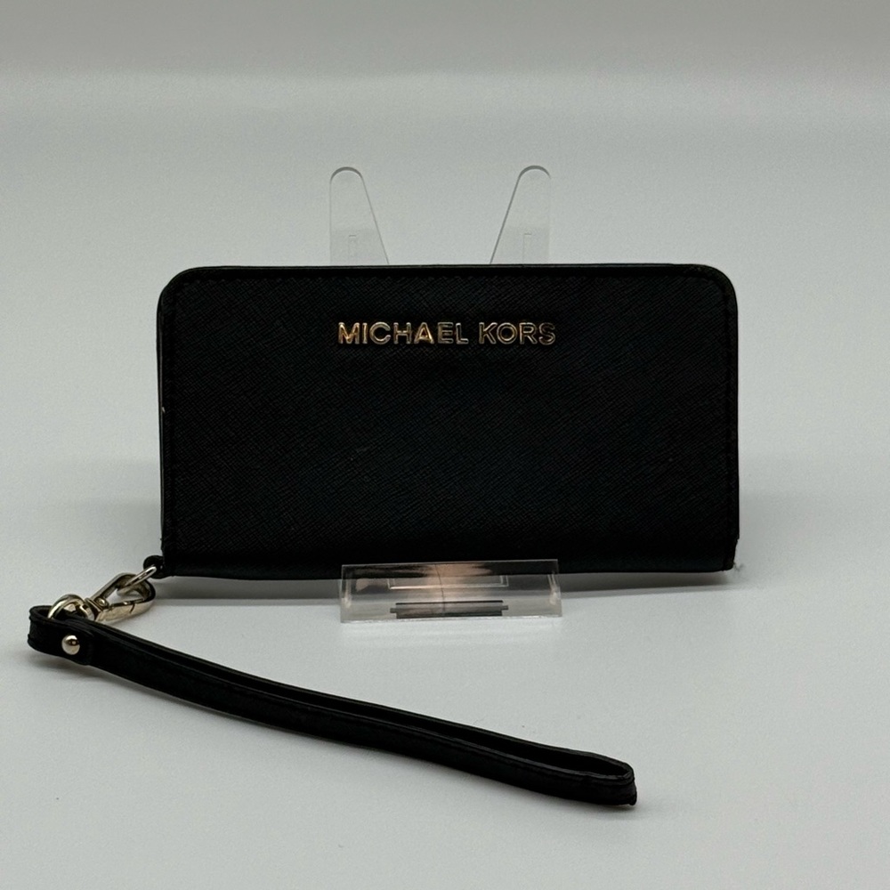 Michael Kors Jet Set Black Saffiano Leather Wristlet Wallet Gold Hardware EUC - Picture 2 of 6